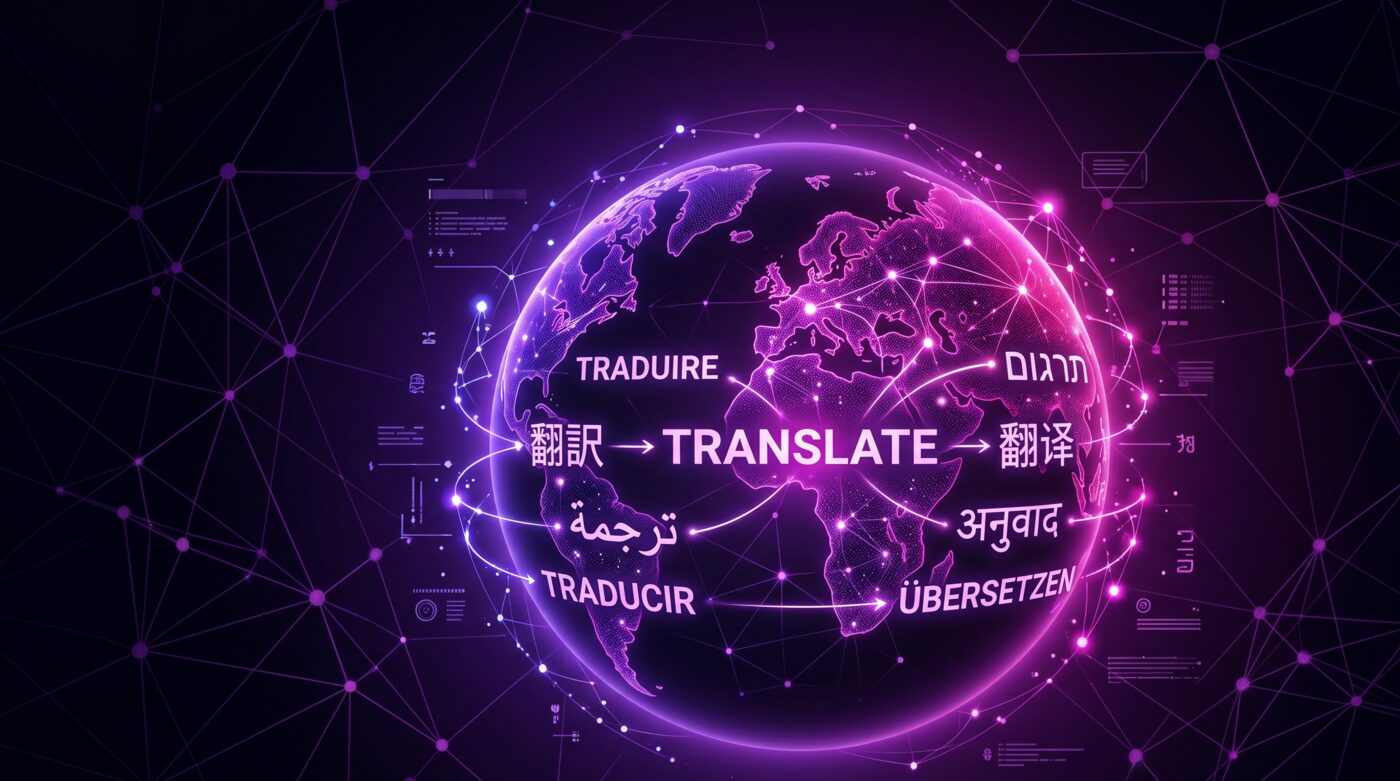 AI translation concept: a glowing globe with text morphing between languages