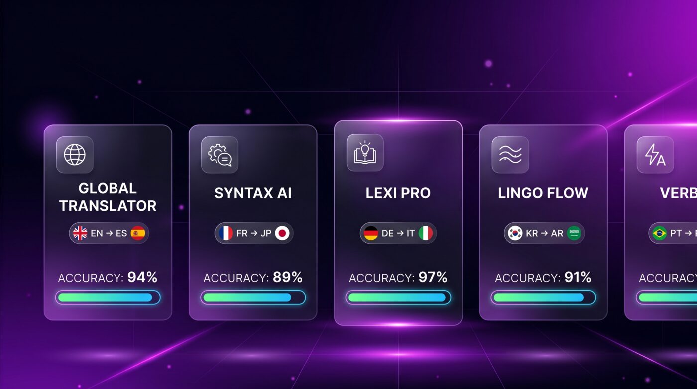 AI translator tools compared as cards with accuracy meters