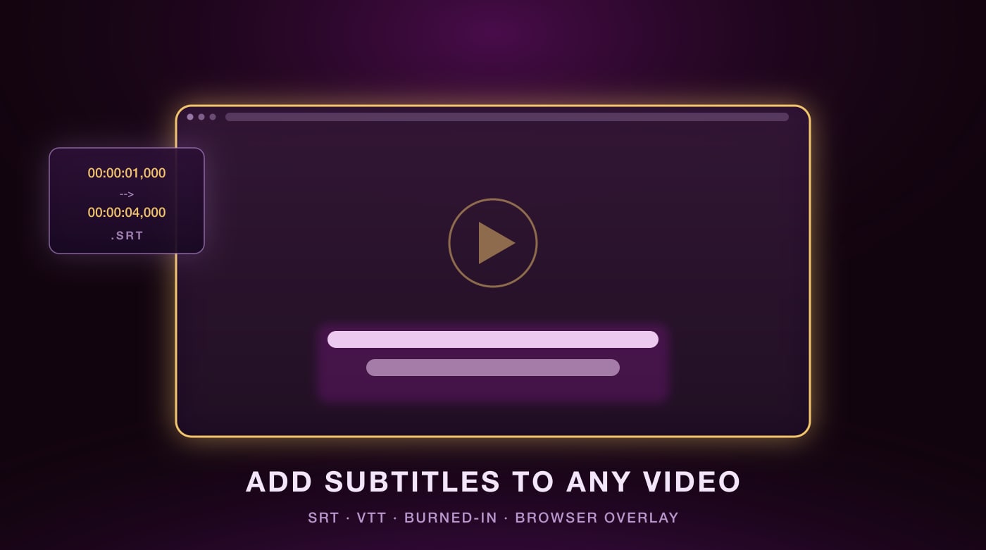 A video player frame with a subtitle bar, beside a floating SRT timestamp block