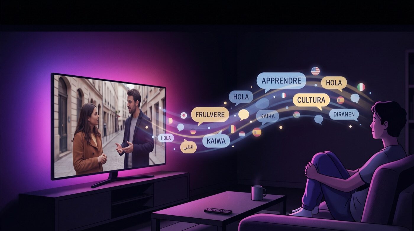 Person absorbing a new language while watching TV, with floating words flowing from the screen