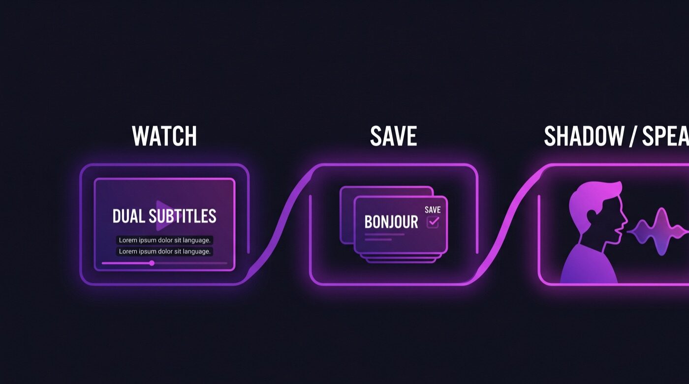 Three-step method: watch with dual subtitles, save words, then shadow and speak