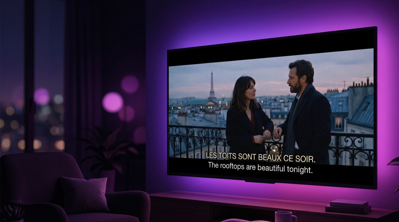 French film on a TV with French and English dual subtitles for language learning