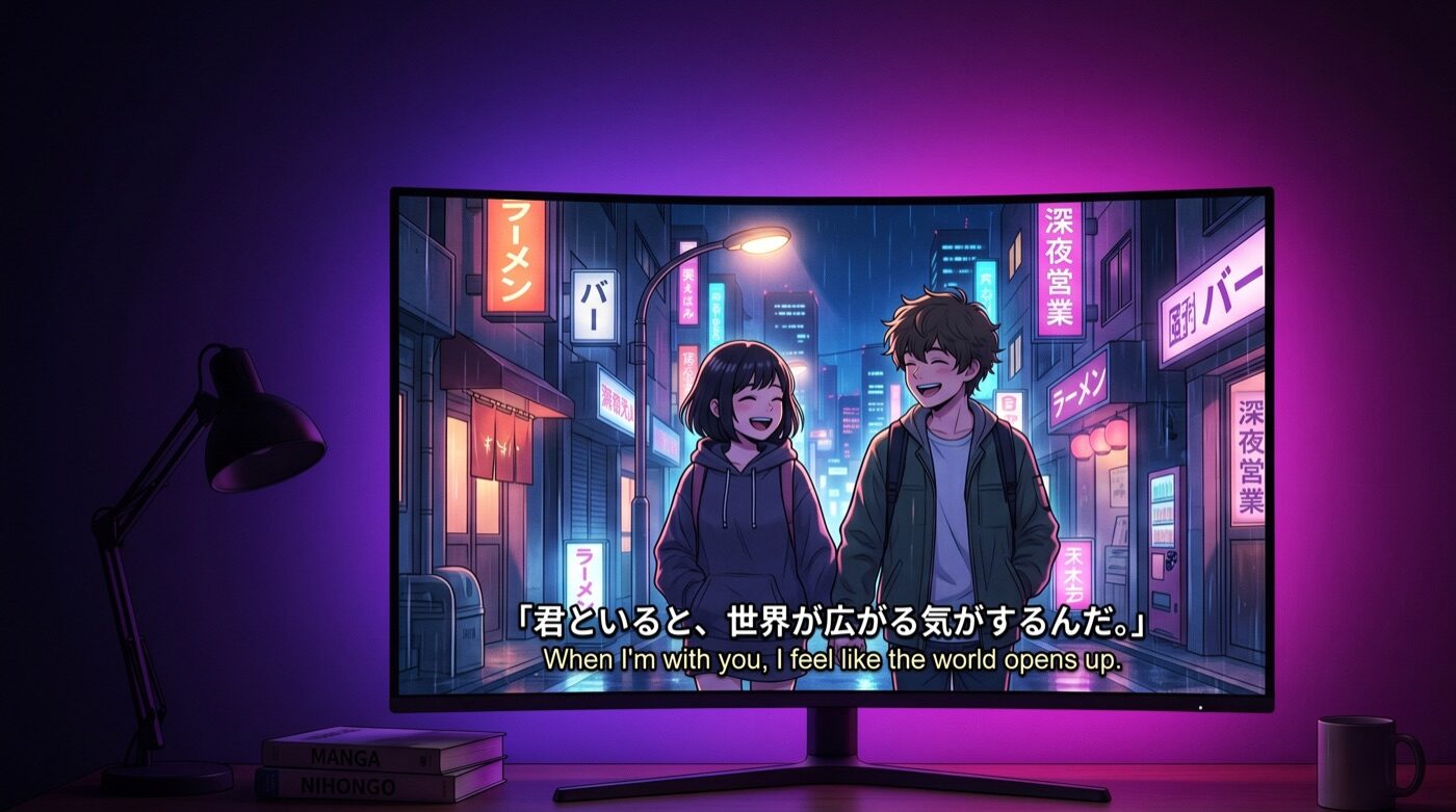 Anime scene on a screen with Japanese and English dual subtitles for language learning