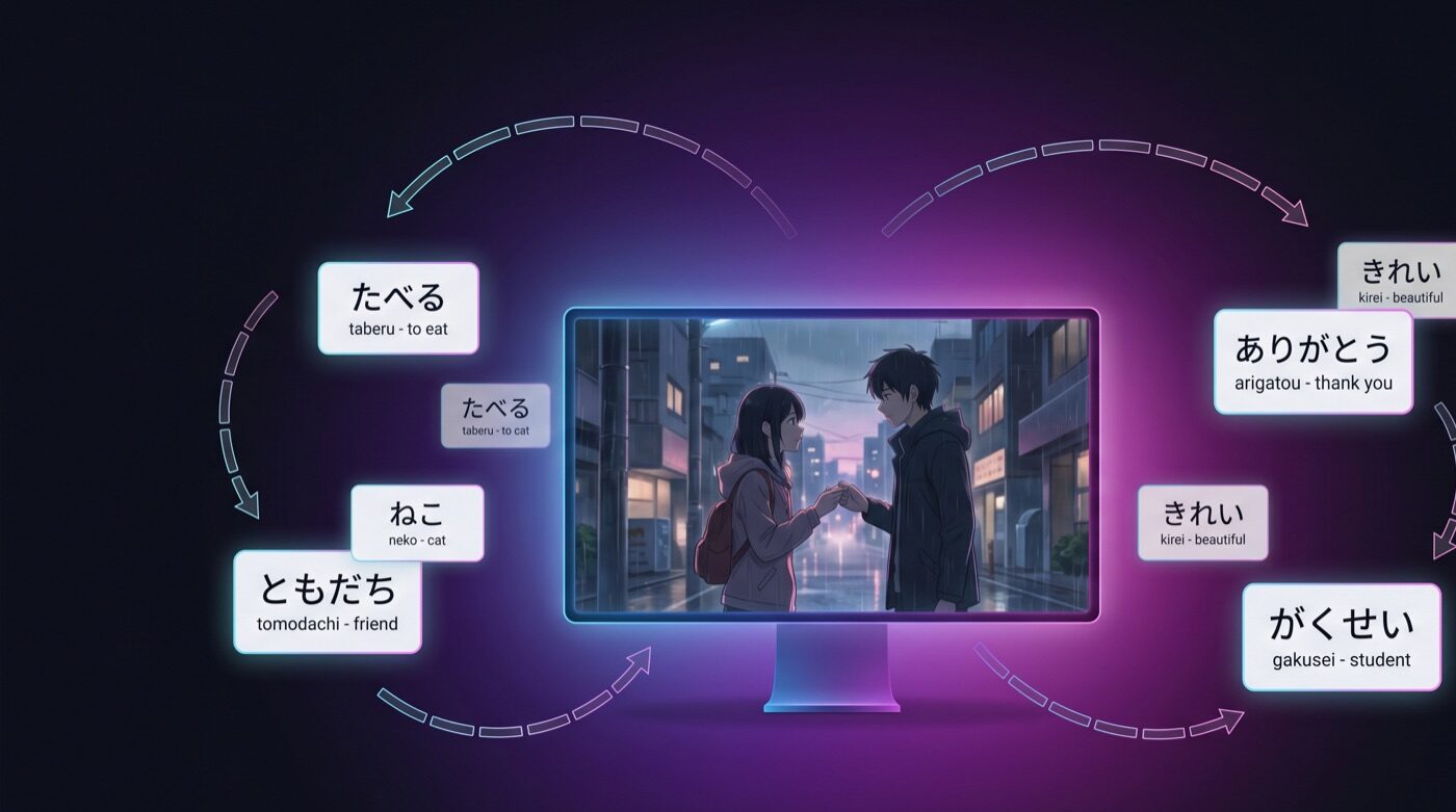 Japanese vocabulary flashcards with kana and English meanings beside an anime screen