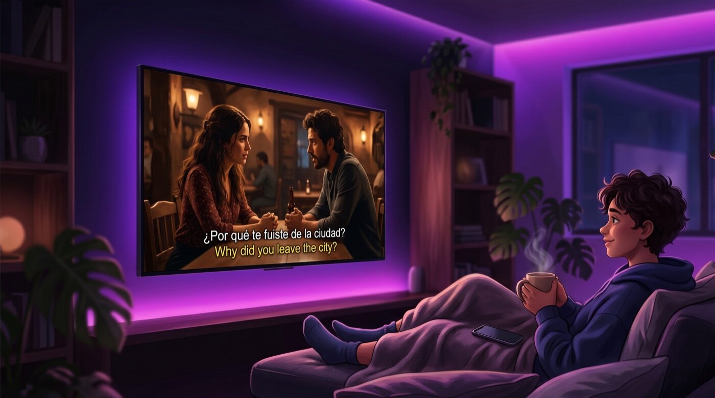 Watching a Spanish TV drama at night with dual Spanish and English subtitles