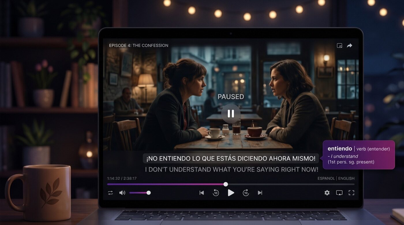 Streaming player showing two stacked subtitle lines with a word-definition popup
