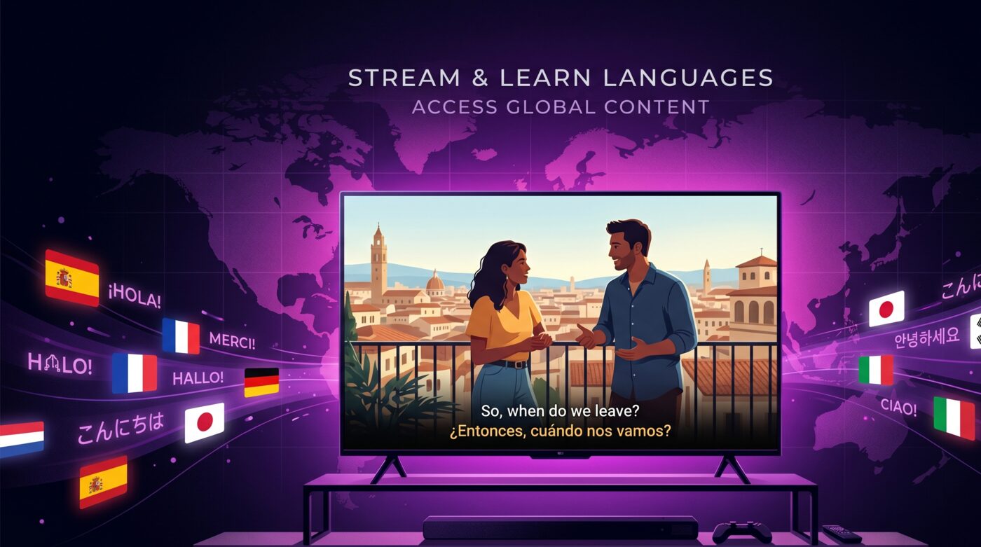 A TV with dual subtitles surrounded by a world map and floating languages