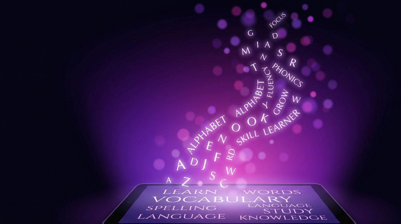 English vocabulary and spelling concept with glowing letters and typography