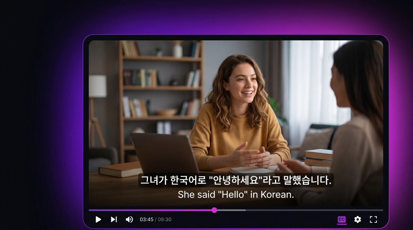 A YouTube video player showing two subtitle lines in different languages at once